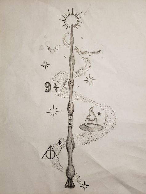 Simple Dobby Tattoo, Harry Potter Wand Tattoo Ideas, Harry Potter Wand Painting, Harry Potter Wand Sketch, Harry Potter Family Tattoo, Wizarding World Tattoo Ideas, Harry Potter Wands Tattoos, Dumbledore Wand Tattoo, Black And White Harry Potter Tattoos