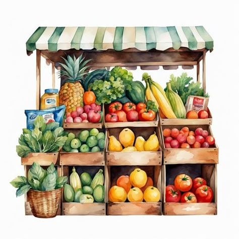 Grocery, shopping, store, groceries Busy Market Scene Drawing, Fruit Shop Illustration, Fruit Market Drawing, Fruits Display Ideas, Farmers Market Drawing, Craft Fair Booth Ideas, Fair Booth Ideas, Goblin Market, Buying Food