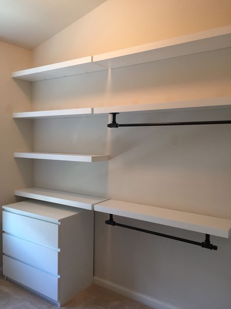 Walk In Closet Open Shelves, Open Shelf Walk In Closet, Malm Wardrobe Hack, Walk In Closet With Dresser Inside, Dresser In Walk In Closet, Walk In Closet Dresser, Walk In Closet Makeover, Townhome Decorating, Diy Walk In Closet