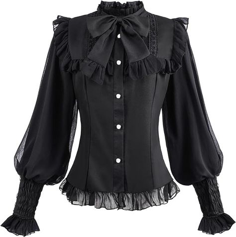 FCCAM Black Victorian Blouse for Women 1800s Long Sleeve Button Down Blouse with Bowknot M at Amazon Women’s Clothing store Steampunk Blouse, Victorian Shirt, Ruffled Shirt, Victorian Blouse, Dressy Blouse, Victorian Lady, Ruffle Shirt, Blouse For Women, Lace Ruffle