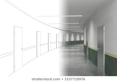 Hallway Illustration, Long Corridor, Rendering Drawing, Long Hall, Building Sketch, Apocalypse Art, Interior Photo, Ap Art, 3d Illustration