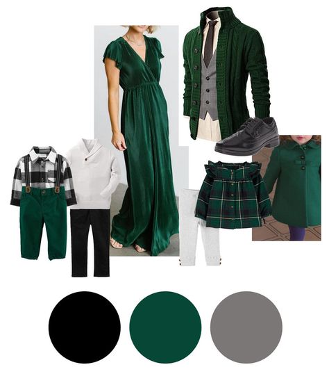 Dark Green Christmas Family Outfit, Green And Gold Family Picture Outfits Christmas, Winter Dress For Family Pictures, Green Velvet Dress Christmas Photos, Christmas Photoshoot Green Outfits, Emerald Green Christmas Photoshoot, Green Theme Christmas Family Pictures, Family Photo Style Guide Winter, Dark Green Christmas Picture Outfits