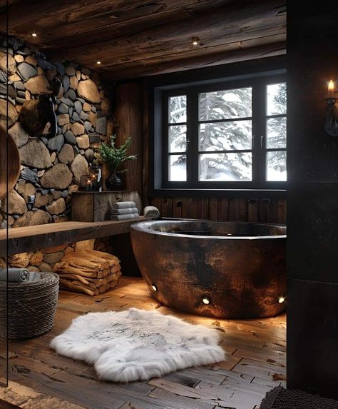 Modern Log Cabin Interior, Cozy Mountain Home, Lodge Bathroom, Bunk Room Ideas, Antique Wood Stove, Luxury Log Cabins, Romantic Bed, Cottage Room, Tiny House Bathroom