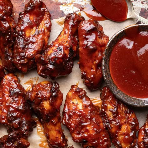 The Best Sticky BBQ Chicken Wings Recipe (Homemade) - grill, bake or air fry these sticky, saucy wings with a delicious homemade sauce! Ginger Soy Chicken Wings, Sticky Bbq Chicken Wings, Sticky Bbq Chicken, Hawaiian Bbq Sauce Recipe, Saucy Wings, December Food, Homemade Grill, Chinese Wings, Mac Recipes