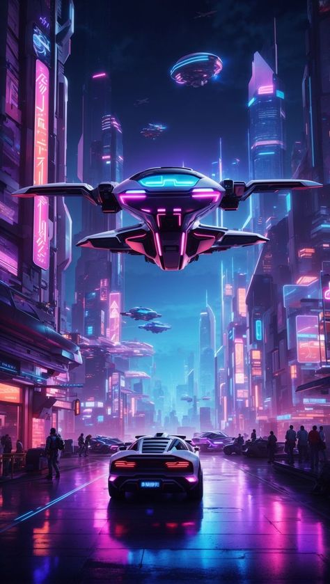 A breathtaking futuristic cityscape at night, with bright neon lights and flying cars. Perfect for a bachelor pad or game room. Sci Fi City Futuristic Architecture, Neon Futuristic, Futuristic Cityscape, Sci Fi Wallpaper, Sci Fi City, Digital Painting Techniques, Photoshop Artwork, New Retro Wave, Colorful Lights