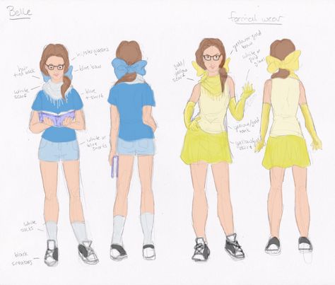 Belle is Ariel's right hand. She copies Ariel a lot and sometimes tries too hard. Her hair is always back in a giant bow, and like Ariel, she is never without her hipster glasses and a scarf. The second outfit can obviously be replaced with the actual costume if you own it, the yellow shirt and skirt are just an alternative if you don't. Make sure the second outfit is either easy to change into or easy to hide under the first. the costume should be comfy and easy to dance in. Hipster Belle, Belle Shirts For Women, Beauty And The Beast Townspeople Costume, Bell Cosplay Beauty And The Beast, Hipster Ariel, Belle Cosplay, Giant Bow, Shirt And Skirt, Hipster Glasses