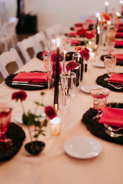 Black Pink Orange Wedding, Black Pink And Orange Wedding, Red Pink And Black Wedding, Small Vase Centerpiece, Hot Pink Candles, Black And Pink Wedding, Pink Goblets, Wedding Table Vases, Baby Reception