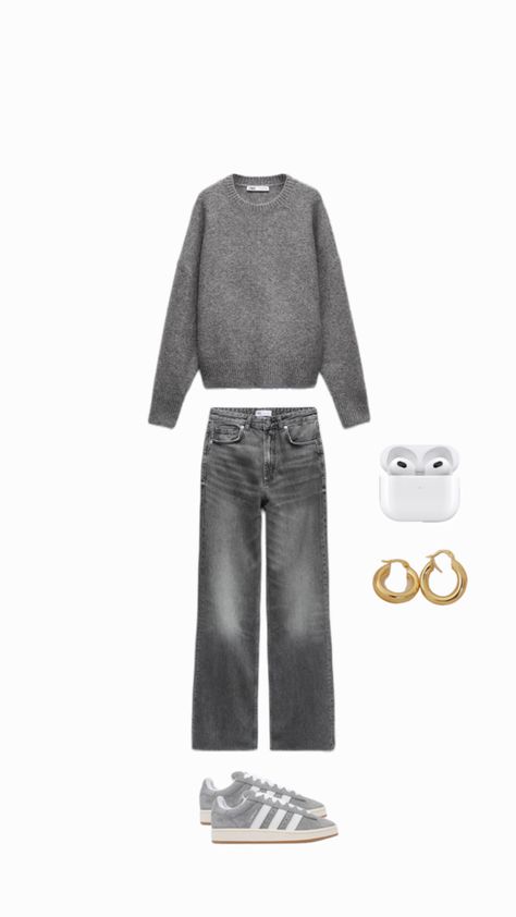 grey sweater, gray jeans, adidas campus 00, winter/autumn/speing outfit idea, comfy outfit ideas Gray Jeans Outfit Winter, Speing Outfits, Adidas Campus 00, Comfy Outfit Ideas, Grey Jeans Outfit, Outfit Campus, Campus 00, Campus Outfit, Jeans Outfit Winter