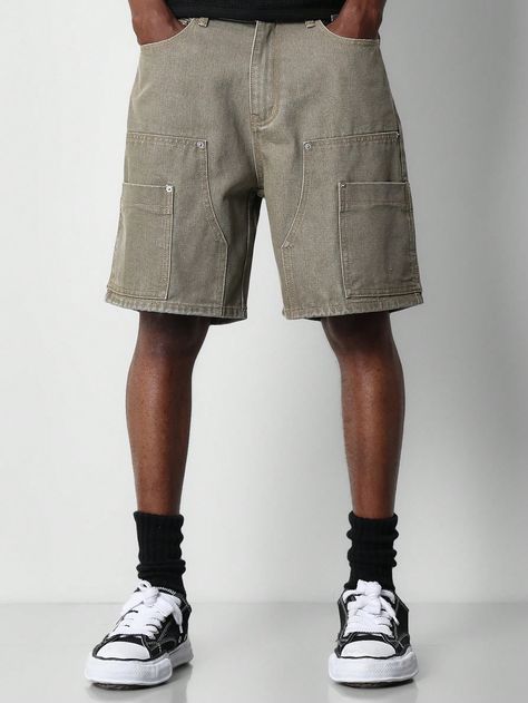 Khaki  Collar  Denim Plain Bermuda Embellished Non-Stretch  Men Clothing Carpenter Shorts Outfit Men, Men Jean Shorts Outfits, Carpenter Shorts Outfit, Jean Short Outfits, Denim Shorts Outfit, Mens Shorts Outfits, Mens Jean Shorts, Carpenter Shorts, Baggy Shorts