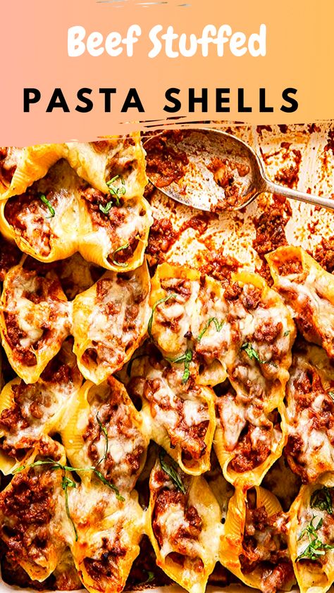 These giant pasta shells stuffed with flavourful tomato pesto beef sauce are a one pot winner! No one will be able to resist this cozy pasta dish topped with melted mozzarella! Stuffed Ground Beef Shells, Pasta Shells Stuffed Beef, Shells Stuffed With Meat, Shells Pasta Recipes Beef, Meat Filled Stuffed Shells, Giant Shells Pasta Recipe, No Ricotta Stuffed Shells, Jumbo Shells Recipe Beef, Stuffed Shells With Ground Beef No Ricotta