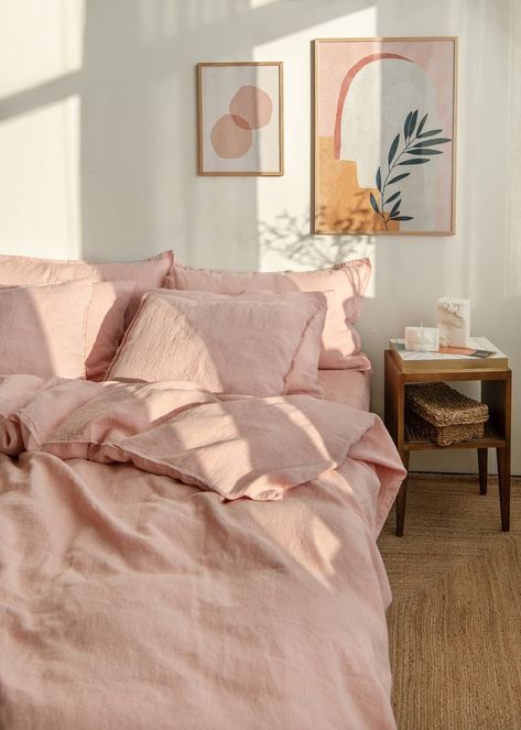 Dusty Pink Bedding, Pink Rattan, Linen Comforter, Linen Duvet Cover, Redecorate Bedroom, Blush Rose, Bed Linen Sets, Linen Duvet, Pink Bedroom