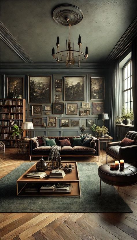 Leather Velvet Living Room, Moody 1920s Home, Contemporary Dark Academia Interior, Deep Wall Colors, Academia Aesthetic Home Decor, Dark Colors For Living Room, Moody Vintage Modern Living Room, Dark Green Walls Living Room Decor, Dark Vintage Interior