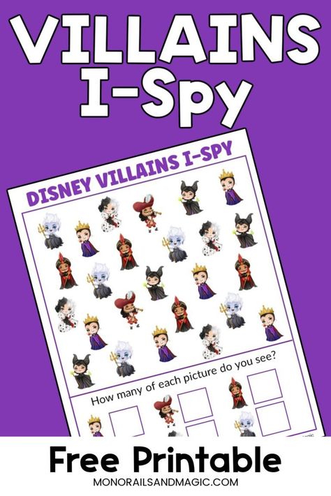 This free printable Disney Villains I-Spy activity includes images of popular villains. Find them, count them, then record how many. Disney Themed Activities For Kids, Disney Printables Free, Disney Camp, Craft Toddler, Disney Eyes, Disney Camping, Disney Activities, Toddler Projects, Free Games For Kids