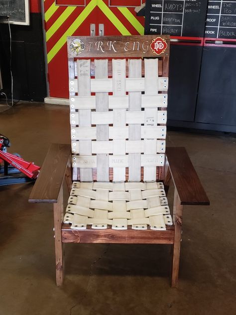 All wood chair made with used and worn fire hose. Hand carved head rest Fire Hose Furniture, Fire Hose Projects, Repurpose Projects, Fire Gear, Fireman Party, Fire Hose, Fire Dept, Diy Crafts For Gifts, Fire Department