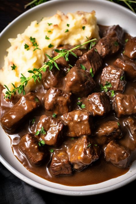 Beef Tips and Gravy - That Oven Feelin Savory Beef Tips, Seared Beef Tips, Steak Beef Tips Recipe, Burgundy Beef Tips, Beef Tips With Au Jus Gravy, Balsamic Beef Tips, Easy Beef Tips And Gravy Oven, Beef Tips And Gravy Dutch Oven, Steak Tips With Gravy