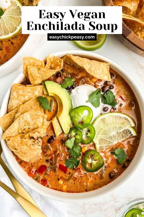 Between the bold flavors and creamy-yet-hearty texture, this vegan enchilada soup will quickly become one of your favorite one-pot recipes. Veggie Enchilada Soup, Healthy Soup Vegan, Hearty Vegan Soup Recipes, Dairy Free Enchilada Soup, Vegan Chicken Enchilada Soup, Gluten Free Vegetarian Soup Crockpot, Taco Soup Vegan, Enchilada Soup Vegetarian, Vegan Mexican Soup Recipes