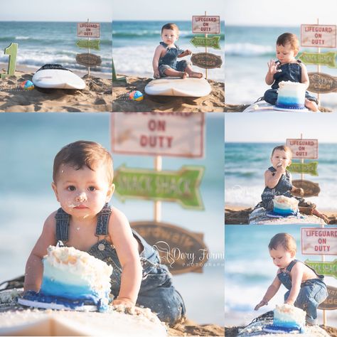 Beach Surf Cake Smash Session Beach Cake Smash, Baby Birthday Pictures, Surf Cake, Surf Baby, Baby Logo Design, Baby Birthday Photoshoot, Boys 1st Birthday Party Ideas, 1st Birthday Pictures, Baby Boy 1st Birthday Party