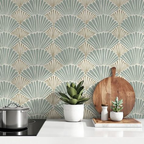 Art Deco Shell Blockprint Peel & Stick Wallpaper Spa Master Bath, Wallpaper Editor, Art Deco Shell, Florida Home Decor, Muted Teal, Craftsman Style Home, White Magnolia, Dark Home Decor, Beige Tones