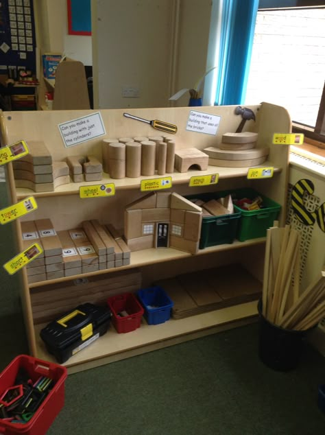 Construction area Indoor Construction Area Eyfs, Continuous Provision Construction Area, Eyfs Construction Area, Construction Area Ideas, Continuous Provision Year 1, Classroom Areas, Year 1 Classroom, Preschool Construction, Reception Classroom