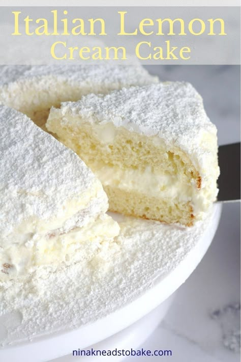 This Italian lemon cream cake is my version of the popular one from the Cheesecake Factory. This cake has fluffy vanilla cake layers, a filling of lemon mascarpone cream, and the outside of the cake has a lemon crumb topping. Powdered sugar is dusted over the whole cake for a pretty finish. #EdibleGiftIdeas Italian Lemon Cream Cake Recipe, Lemon Cream Cake Recipe, Italian Lemon Cream Cake, Italian Cream Cake Recipe, Lemon Mascarpone, Lemon Cream Cake, Lemon Meringue Cheesecake, Strudel Recipes, Italian Cream Cakes