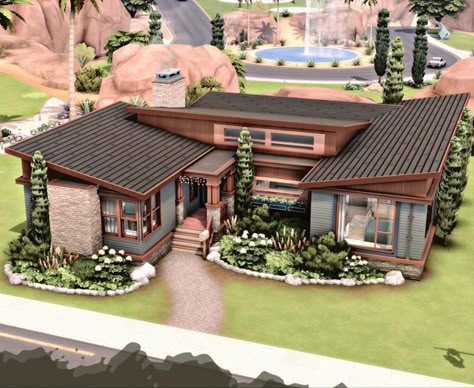 Sims 4 Modern Exterior, Sims Minimalist House, 1 Floor Sims 4 House, Sims Houses Modern, Sims 4 Houses Layout Oasis Springs, Sims Tiny House Layout, Sims 4 Midcentury House, One Story House Sims 4, Sims 4 One Floor House