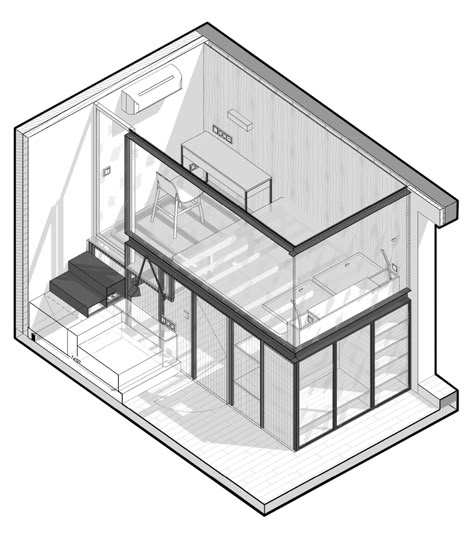 PODOLYANKA - apartment with mezzanine on Behance Mezzanine Architecture, Mezzanine House Design, Apartment With Mezzanine, Mezzanine Plan, Mezzanine House, Small House Architecture, Cluster House, Interior Architecture Drawing, Arch Architecture