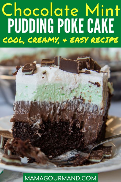 Chocolate Mint Cake recipe is a cool, creamy dessert with chocolate cake, pudding poured on top, and a thick layer of mint Cool Whip topping. Andes chocolate mint pudding poke cake is perfect for birthdays, special occasions, or St. Patrick's Day. #puddingpokecake #pokecake #andesmint #mintcake #stpatricksdaydessert #chocolatemint Birthday Cake Pudding, Andes Mint Cake Recipe, St Patrick’s Day Poke Cake, Andes Mint Chocolate, Pudding Poke Cake, Mint Desserts, Mint Chocolate Cake, Mint Cake, Andes Mint