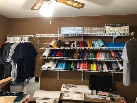 Storage and Organization for Heat Printing Shops Heat Press Station Ideas, Heat Press Work Station Ideas, Office Living Room Combo, Vinyl Room, Small Craft Rooms, Craft Shed, Shoe Rack With Shelf, Craft Room Design, Sewing Room Organization