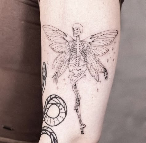 Spooky Whimsical Tattoo, Skeleton Patchwork Tattoo, Tattoo Fairy, Pixie Tattoo, Ignorant Tattoo, Birthday Tattoos, Whimsical Tattoos, Mystical Tattoos, Skeleton Tattoo