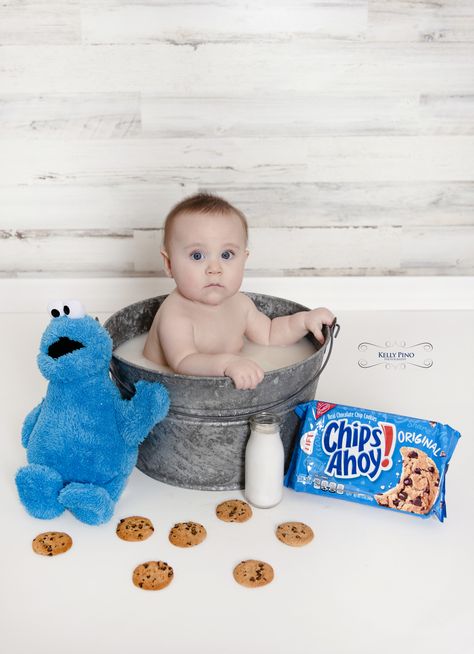 Cookie Monster Half Birthday Photoshoot, Cookie Monster Milk Bath Pictures, Cowboy Milestone Pictures, Cookie Milk Bath Photography, Baby Boy Milk Bath Photoshoot, Monthly Photo Ideas, Cookie Monster Half Birthday, Cookie Monster Milk Bath, Cookie Monster 6 Month Photo Shoot