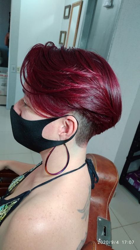 Deep Red Pixie Haircut, Dark Red Pixie Haircut, Dark Red Pixie, Red Pixie Haircut, Red Hair Colour, Deep Red Hair Color, Red Pixie Cuts, Bob Hair Ideas, Cherry Cola Hair