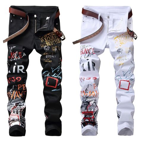 Goth Pants, Hip Hop Trousers, Black And White Graffiti, Punk Pants, Harajuku Men, Hip Hop Jeans, Mid Waist Pants, High Street Fashion, Moda Jeans