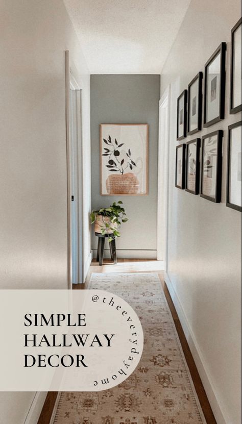 Ideas For End Of Hallway Wall, Small Hallway Ideas Wall, Long Hallway Apartment, Corner In Hallway Decor, Decorating Upstairs Hallway, Slim Hallway Decor, How To Style Hallways, Hallways Wall Decor, Narrow Entry Way Wall Ideas