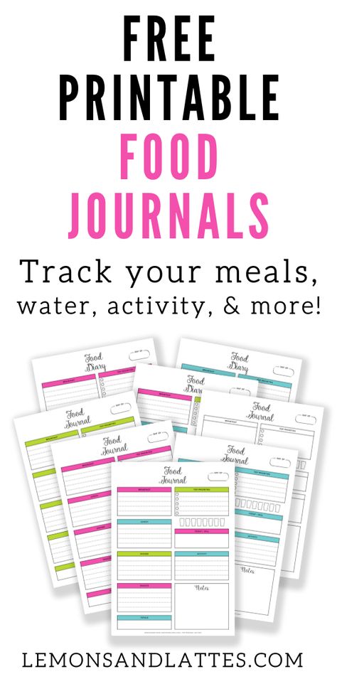 Stay on track with your nutritional goals using these free printable food journals! Whether you're tracking calories, trying to drink more water, or just aiming for a healthier lifestyle in general, these food diary templates make it easy to log your meals and track your progress. Available in a few different colors plus there's also a minimalist option for ink-friendly printing. Food Dairy Free Printable, Daily Food Journal Printable Free, Food Tracker Printable Free, Daily Food Log Printable Free, Food Journal Printable Free, Fitness Bujo, Food Tracker Printable, Food Log Printable, Daily Food Log