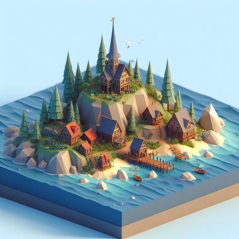 Low Poly Island, Low Poly Blender, Viking Buildings, Low Poly Environment, Isometric Island, Isometric Game, Cube World, Game Level Design, 3d Isometric