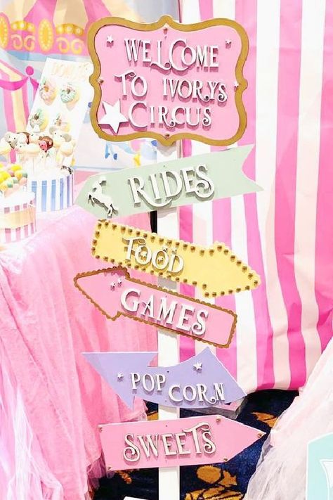 Pink Carnival Birthday Party Decorations, Unicorn Circus Birthday Party, Circus Theme Party Pastel, Circus Birthday Banner, Circus Aesthetic Pastel, Pink Circus Theme Party, Candy Carnival Party, Pink Carousel Birthday Party, Circus Theme Birthday Party Decorations