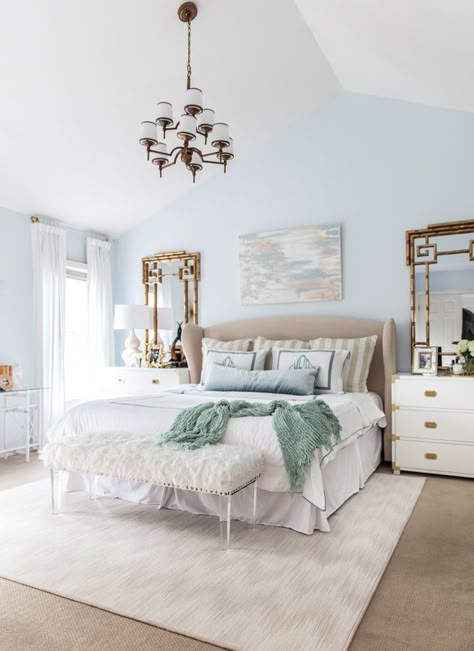 cozy bedroom Beige Bedroom, Dreamy Bedrooms, Blue Bedroom, The Ceiling, White Bedding, Blue Walls, Beautiful Bedrooms, My New Room, Interior Design Styles