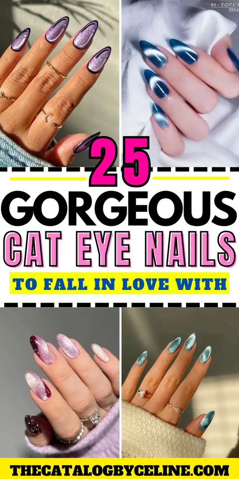 25 Drop Dead Gorgeous Cat Eye Nails to Inspire You! - The Catalog Light Blue Nails Cat Eye, Summer Cat Eye Nails, Light Blue Cat Eye Nails, Cat Eye Gel Nail Designs, Car Eye Nails, Cateyes Nails Design, Cats Eye Nails Design Ideas, Cats Eye Nails Design, Blue Cat Eye Nails