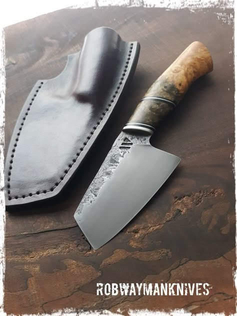 Hand forged 1084 high carbon steel with a nickel silver collar, black G-10 and nickel silver spacers and dyed/stabilized birch burl on the handle! Hand Made Kitchen Knifes, Knife Handles Ideas, Knife Template, Kitchen Knives Handmade, Central New York, Knife Patterns, Hand Forged Knife, Cleaver Knife, Skinning Knife