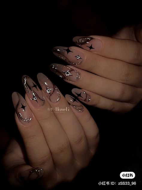 Nail Ideas Stargirl, Black And Chrome Star Nails, Sagittarius Birthday Nails Designs, Cute 21st Birthday Nails, Dark Square Nail Designs, Black Long Nails With Gems, Emo Nail Ideas Short, Pretty Dark Nails, Moody Nails Grunge