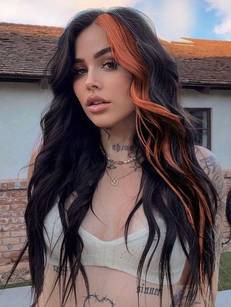 Hand Painting Hair Color, Fall Brunette Hair Color Money Piece, Hair Colour Blocking Ideas, Colour Block Hair Ideas, Brunette Hair With Rose Gold Peekaboo, Hair Dye Ideas Red And Brown, Copper And Brown Split Dye, Black Hair With Brown Front Pieces, Dark Split Dyed Hair