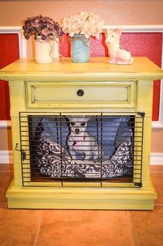 DIY nightstand table / puppy crate www.facebook.com/DosRedos Kitchen Hearth, Dog Crate End Table, Dog Crate Table, Bed Night, Diy Dog Crate, Nightstand Table, Puppy Crate, Microwave Stand, Dog Crates