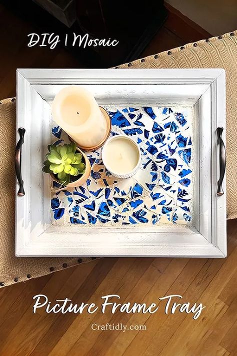 Picture Frame Tray, Picture Frame Table, Mosaic Tray, Diy Mosaic, Frame Tray, Mosaic Frame, Diy Tray, Tile Crafts, Picture Frame Decor