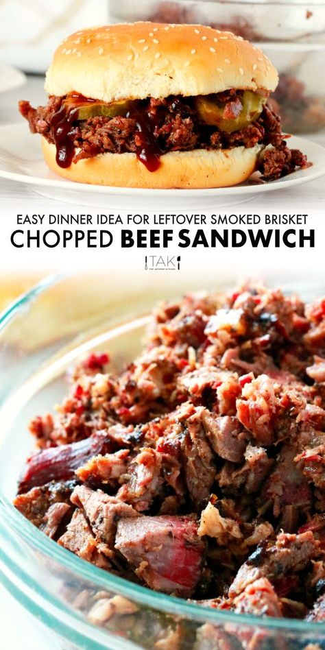 Chopped Beef Brisket Sandwiches are an excellent way to put your leftover brisket to work! Savory chopped beef brisket takes a turn in BBQ sauce and gets piled high between two hamburger buns! If you've got 10 minutes, you've got time to turn your brisket leftovers into an entirely new dinner. Chopped Brisket Sandwiches, Ground Beef Sandwich Recipes, Brisket Leftovers, Brisket Sandwich Recipe, Brisket Sandwiches, Shredded Beef Sandwiches, Chopped Beef, Beef Brisket Sandwich, 3 Ingredient Dinners