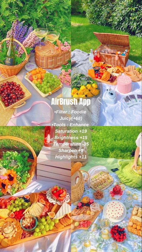 Pics edited by AirBrush App. Filter : Foodie > Juicy(+68)> Tools : Enhance > Saturation +19> Brightness +15> Temperature -35> Sharpen +9> Highlights +11. #airbrushapp #retouch #photoeditor #filter #airbrushmakeup #airbrushart #airbrushfilter Food Editing, Saturation Aesthetic, Food Filter, Filter Foodie, App Edit, Ig Layout, Designing Tips, App Filter, Picnic Day