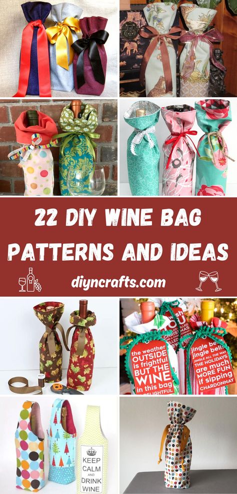 22 DIY Wine Bag Patterns and Ideas Wine Bag Sewing Pattern, Wine Bags Ideas Diy Gifts, Wine Gift Bag Ideas, Wine Bags Ideas, Wine Carrier Pattern, Wine Bag Diy, Fabric Wine Bottle Bag, Wine Bag Pattern, Fabric Wine Bags