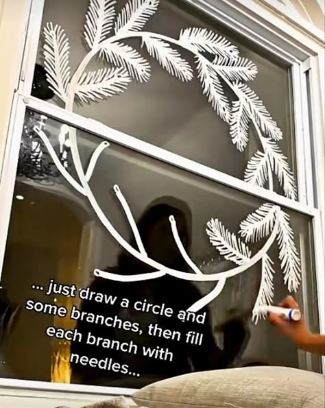 Use twine to draw a circle with window marker, add branches, then needles! Christmas Window Marker Art, Christmas Window Marker Ideas, Window Marker Art Christmas, Window Marker Art, Window Art Ideas, Window Markers, Christmas Window Painting, Glass Cookie Jars, Window Wreath