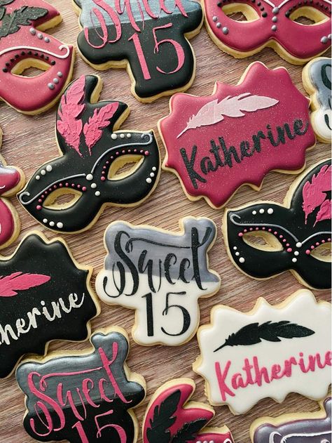 Quinceañera Masquerade Masks Sugar Cookies. Burgundy,  Silver, Black and White. Masquerade Cookies Decorated, Masquerade Sweet 16 Ideas Decoration, Masquerade Quinceanera Theme, Masquerade Sweet 16 Ideas, Sweet 16 Masquerade Party Ideas, Masquerade Cookies, Sweet 16th Birthday Ideas, Birthday And Graduation Party, Masquerade Party Themes