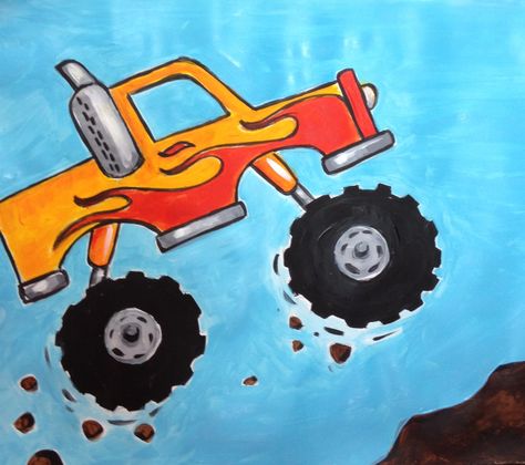 The Monster Truck Painting / Creative Painting for Kids Truck Painting Canvases, Monster Truck Drawing Easy, Truck Painting Easy, Truck Painting Ideas, Monster Truck Painting, Drawing Truck, Monster Truck Drawing, Doodle Fish, Monster Truck Art