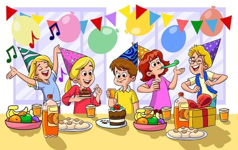 Birthday Celebration Drawing, Birthday Party Drawing, Drawing With Friends, Story Composition, Birthday Party Illustration, Festival Painting, Kids Birthday Food, Party Drawing, Birthday Party Clipart